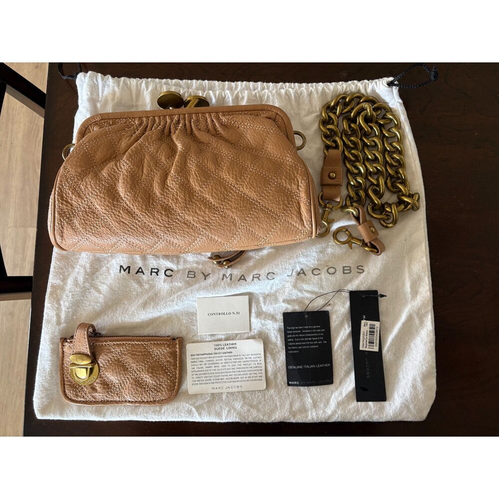 MARC JACOBS Classic Quilted Stam Beige Leather Satchel Crossbod Bag + Coin Purse